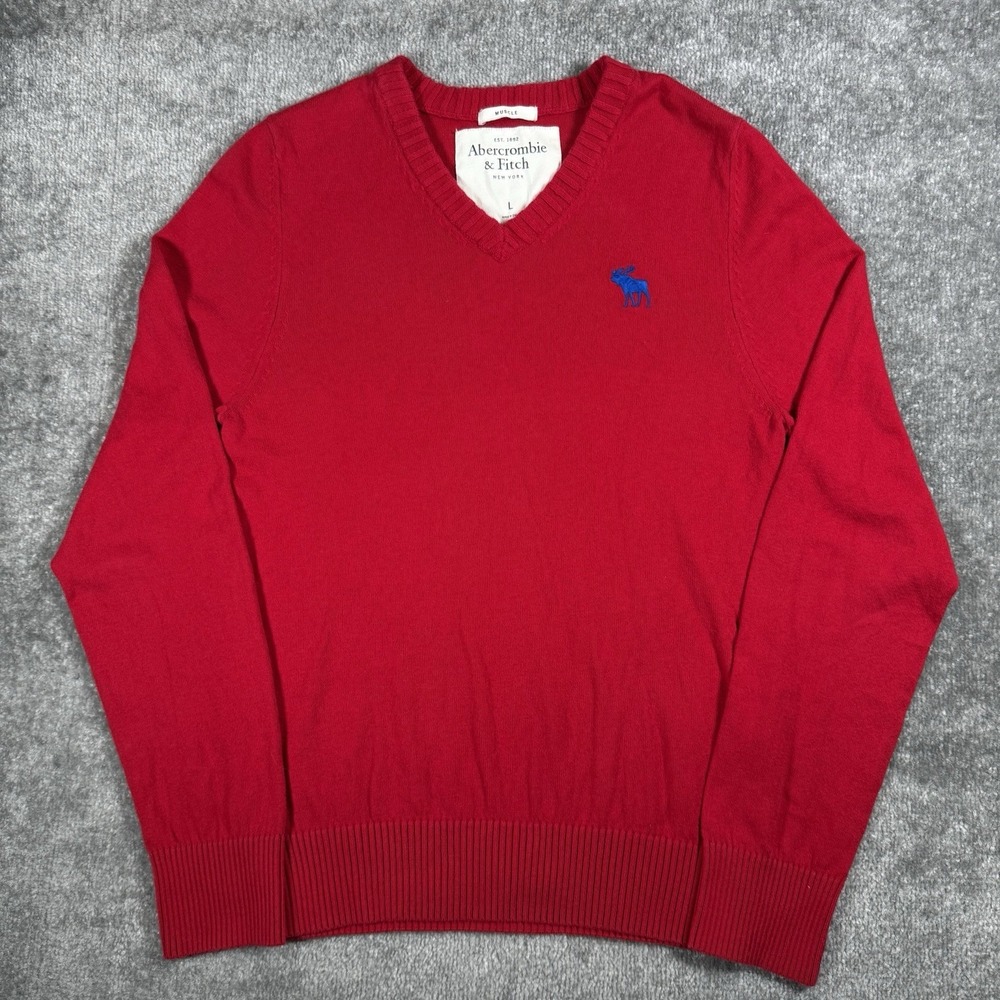 Abercrombie & Fitch Sweater Men's Large Red Muscle Fit V Neck Y2K Embroidered